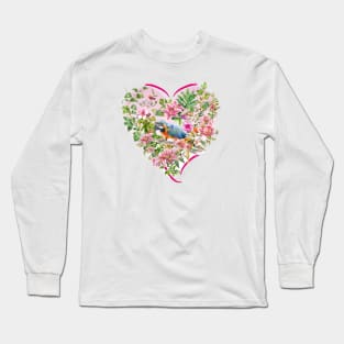 Pink Floral Heart with Blue Parrot Long Sleeve T-Shirt